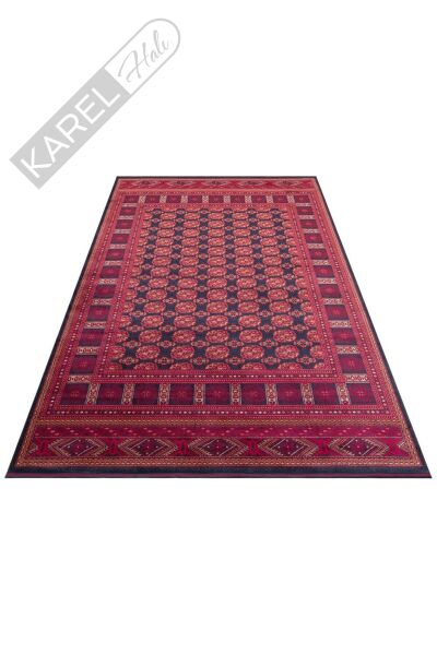 HERAT HER 03 NAVY Afgan Desenli Viskon Sıkı Dokuma Kaymaz Tabanlı İnce Makine Halısı