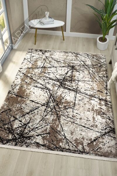 Seyran Halı Roma 413 Bej Siyah Akrilik Saçaklı Premium Halı