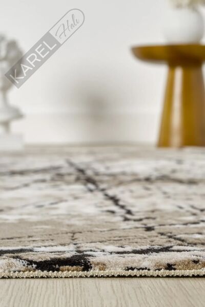 Seyran Halı Roma 413 Bej Siyah Akrilik Saçaklı Premium Halı