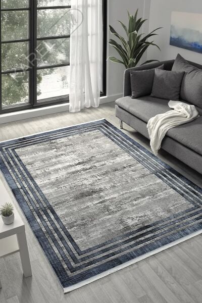 Seyran Halı Roma 417 Mavi Antrasit Akrilik Saçaklı Premium Halı