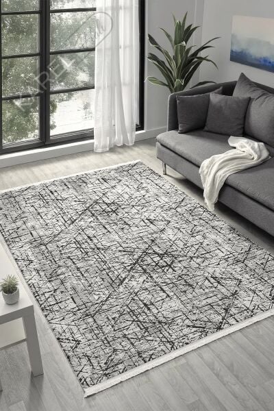 Seyran Halı Roma 421 Gri Siyah Akrilik Saçaklı Premium Halı
