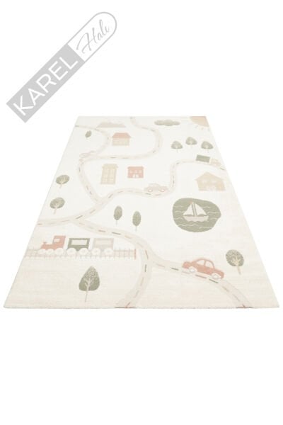 Piccolo PCL07 Krem Multi Pastel Renkli Şehir Temalı Hav ve Toz Vermeyen Çocuk Halısı