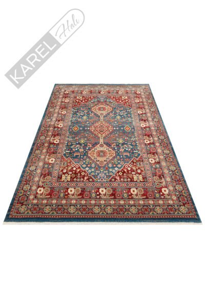 Kybele KYB05 Mavi Kırmızı Sıcak Renk Tonlu Otantik Makine Halısı