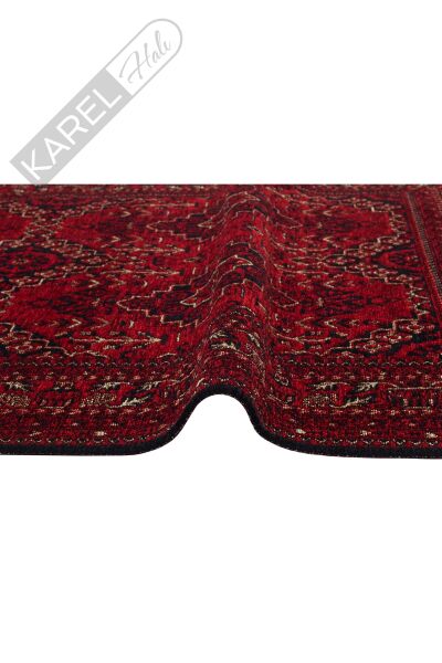 Buhari Bhr 05 Red Afgan Yağcıbedir Desenli Hav Toz Vermez Yıkanabilir Kaymaz Ince Dokuma Halı