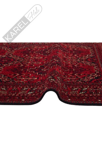 Buhari Bhr 05 Red Afgan Yağcıbedir Desenli Hav Toz Vermez Yıkanabilir Kaymaz Ince Dokuma Halı
