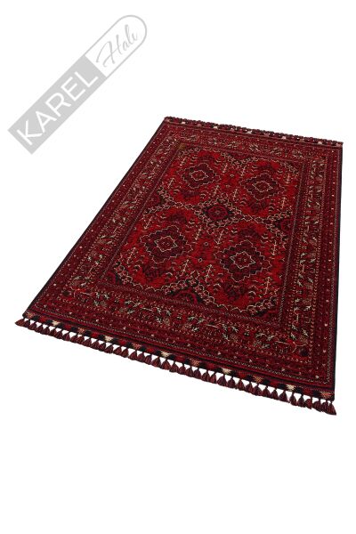 Buhari Bhr 05 Red Afgan Yağcıbedir Desenli Hav Toz Vermez Yıkanabilir Kaymaz Ince Dokuma Halı