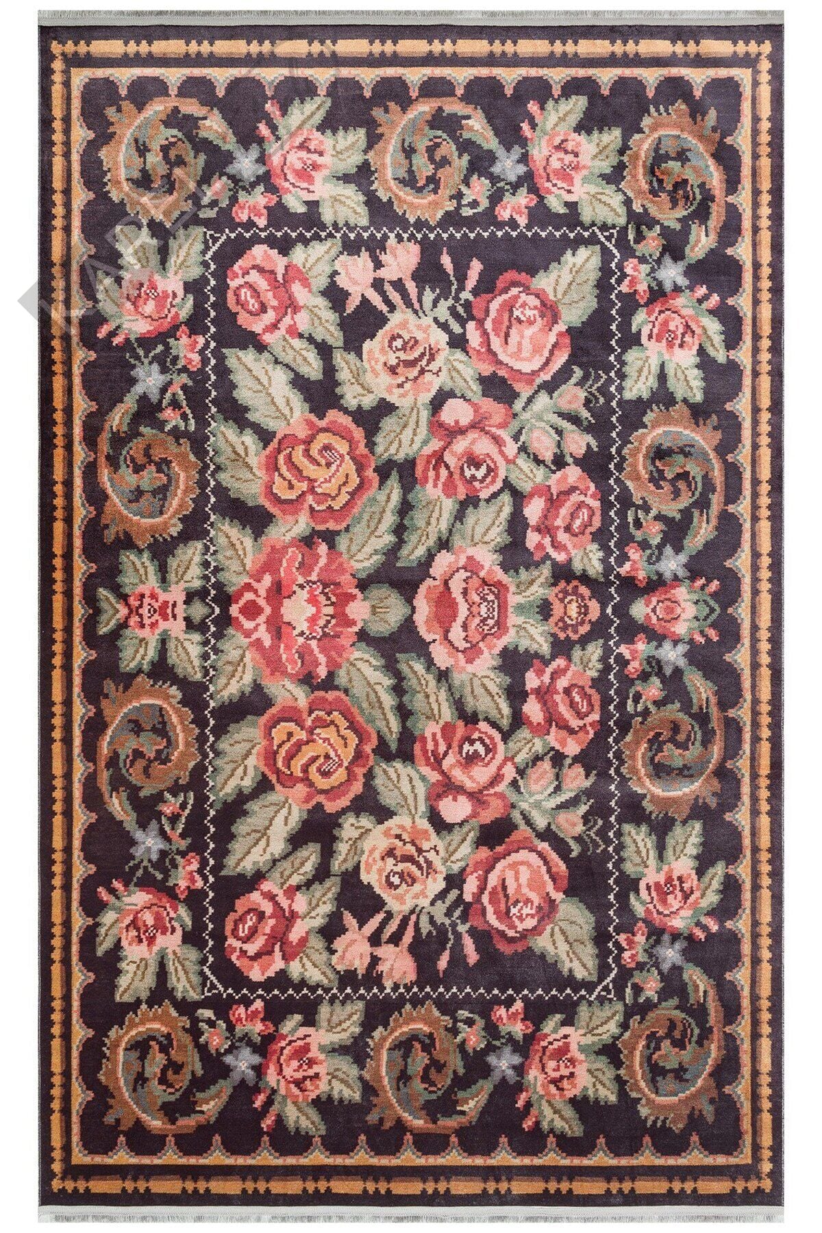 ANTIQUE ATK 02 BLACK Kolay kullanımlı Kaymaz Karabağ ve Antik Desenlere Sahip Yıkanabilir Makine Ha