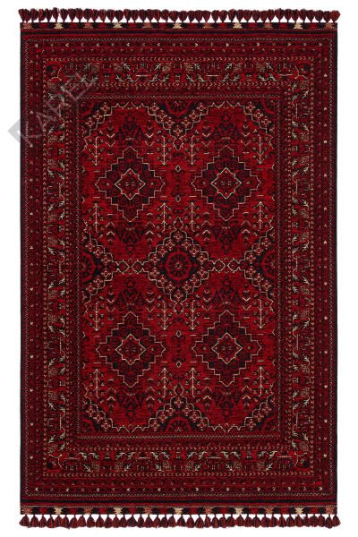 Buhari BHR05 Red Afgan/Yağcıbedir Desenli Hav Toz Vermez Yıkanabilir İnce Dokuma Halı