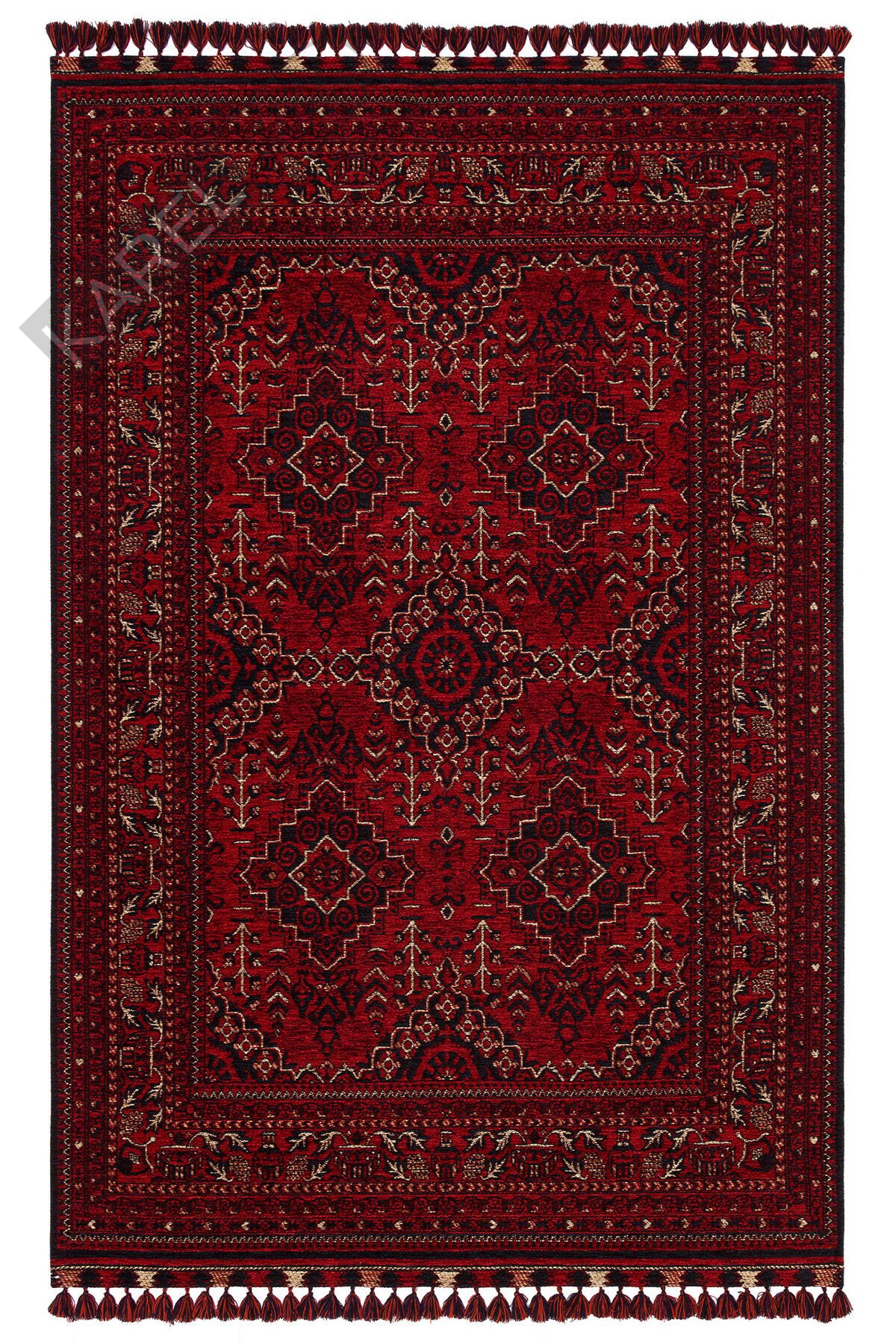 Buhari BHR05 Red Afgan/Yağcıbedir Desenli Hav Toz Vermez Yıkanabilir İnce Dokuma Halı