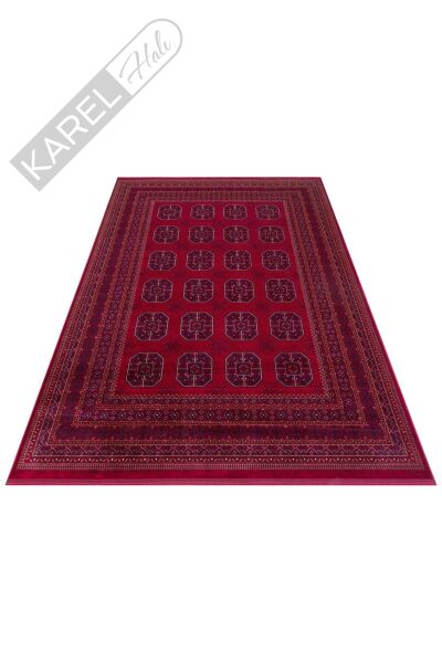 HERAT HER 02 RED Afgan Desenli Viskon Sıkı Dokuma Kaymaz Tabanlı İnce Makine Halısı