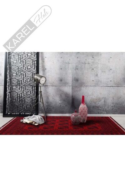 BUHARI BHR 01 RED Afgan / Yağcıbedir Desenli Hav Toz Vermez Yıkanabilir Kaymaz İnce Dokuma Halı