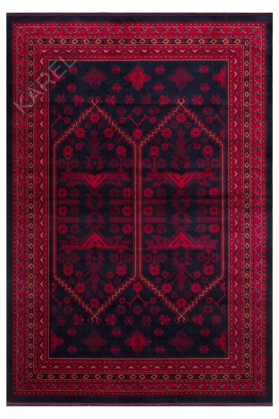 HERAT HER 01 NAVY Afgan Desenli Viskon Sıkı Dokuma Kaymaz Tabanlı İnce Makine Halısı