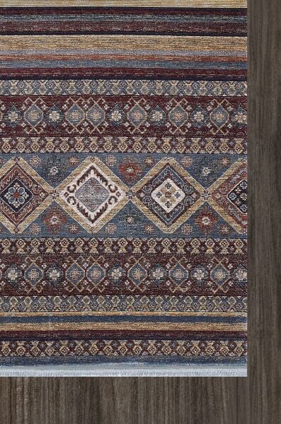 Artemis Halı Bella - 06476E - Gri Mavi Kırmızı Etnik Desen Modal İpek Halı