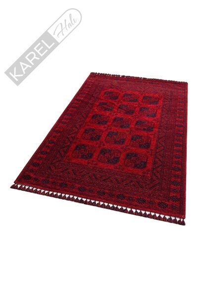 BUHARI BHR 01 RED Afgan / Yağcıbedir Desenli Hav Toz Vermez Yıkanabilir Kaymaz İnce Dokuma Halı