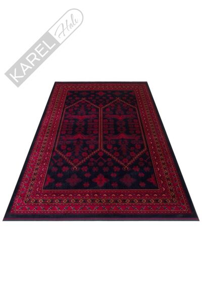 HERAT HER 01 NAVY Afgan Desenli Viskon Sıkı Dokuma Kaymaz Tabanlı İnce Makine Halısı