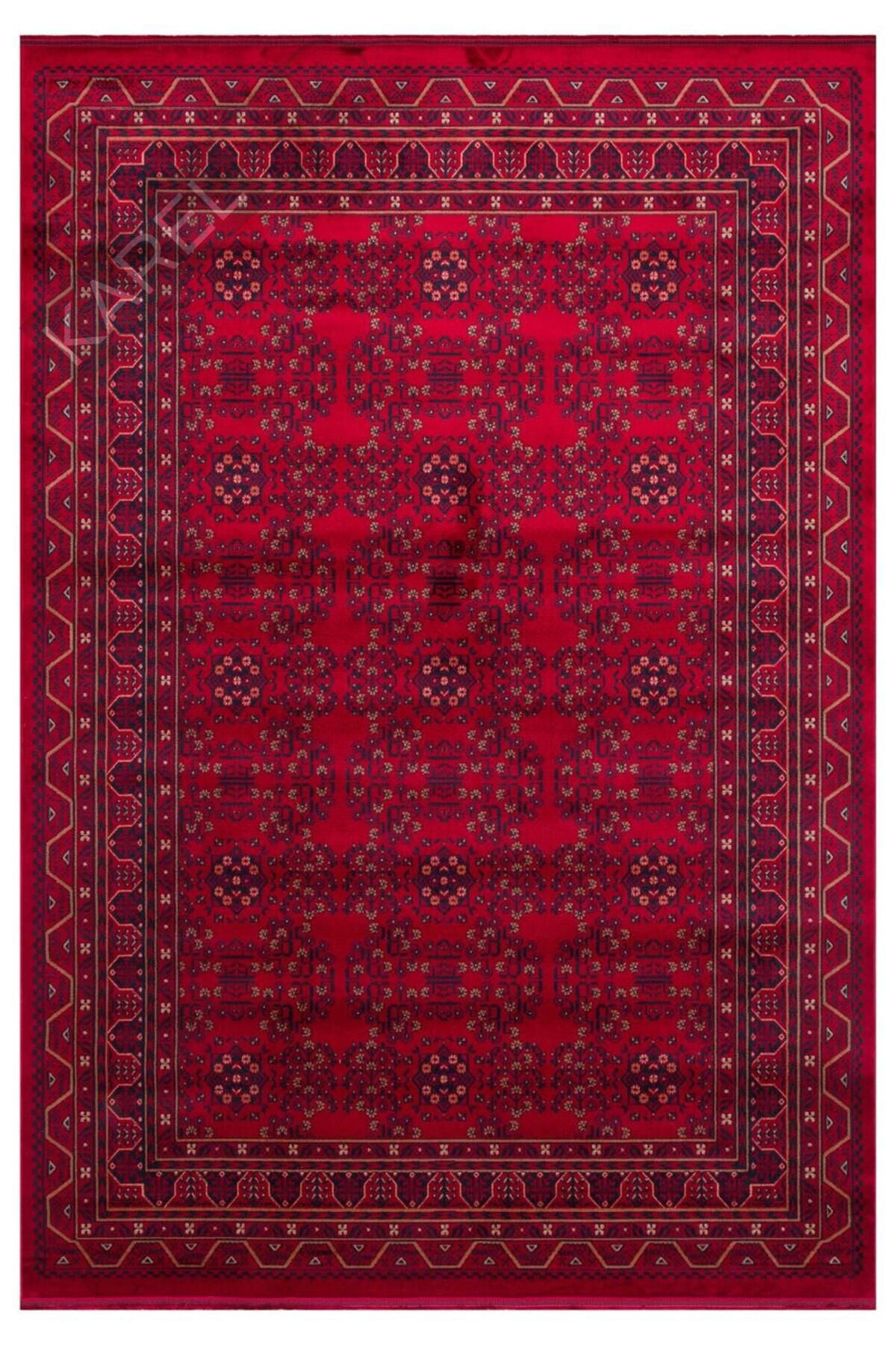HERAT HER 04 RED Afgan Desenli Viskon Sıkı Dokuma Kaymaz Tabanlı İnce Makine Halısı
