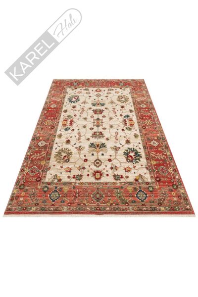 KYBELE KYB 04 CREAM RED XW Sıcak Renk Tonlu Otantik Makine Halısı