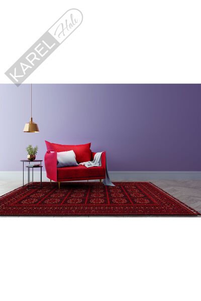 Bhr 04 Red Afgan Desenli Hav Toz Vermez Yıkanabilir Kaymaz Ince Dokuma Halı