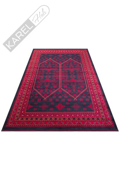 HERAT HER 01 NAVY Afgan Desenli Viskon Sıkı Dokuma Kaymaz Tabanlı İnce Makine Halısı