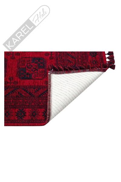 BUHARI BHR 01 RED Afgan / Yağcıbedir Desenli Hav Toz Vermez Yıkanabilir Kaymaz İnce Dokuma Halı
