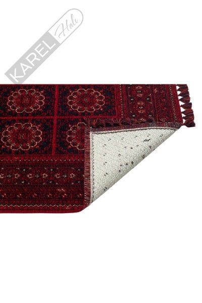 Bhr 04 Red Afgan Desenli Hav Toz Vermez Yıkanabilir Kaymaz Ince Dokuma Halı