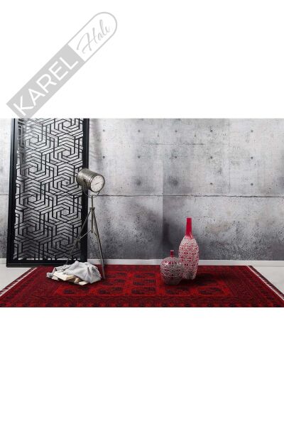 BUHARI BHR 01 RED Afgan / Yağcıbedir Desenli Hav Toz Vermez Yıkanabilir Kaymaz İnce Dokuma Halı
