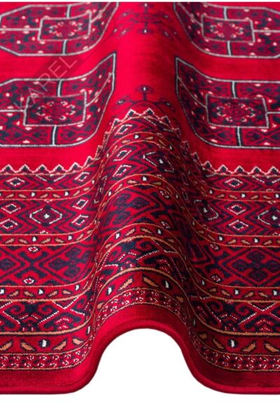 HERAT HER 02 RED Afgan Desenli Viskon Sıkı Dokuma Kaymaz Tabanlı İnce Makine Halısı