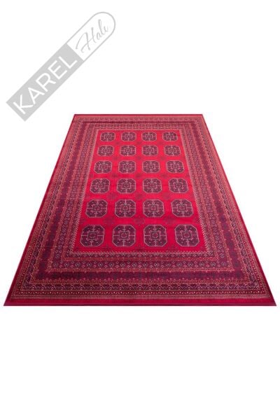 HERAT HER 02 RED Afgan Desenli Viskon Sıkı Dokuma Kaymaz Tabanlı İnce Makine Halısı
