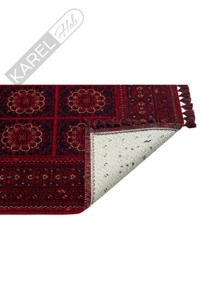 Bhr 04 Red Afgan Desenli Hav Toz Vermez Yıkanabilir Kaymaz Ince Dokuma Halı