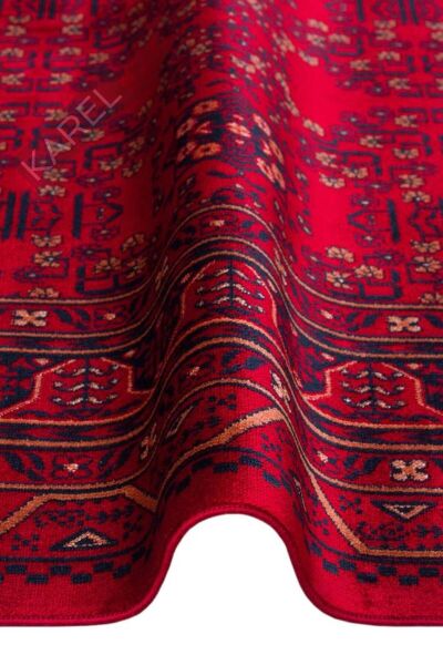 HERAT HER 04 RED Afgan Desenli Viskon Sıkı Dokuma Kaymaz Tabanlı İnce Makine Halısı
