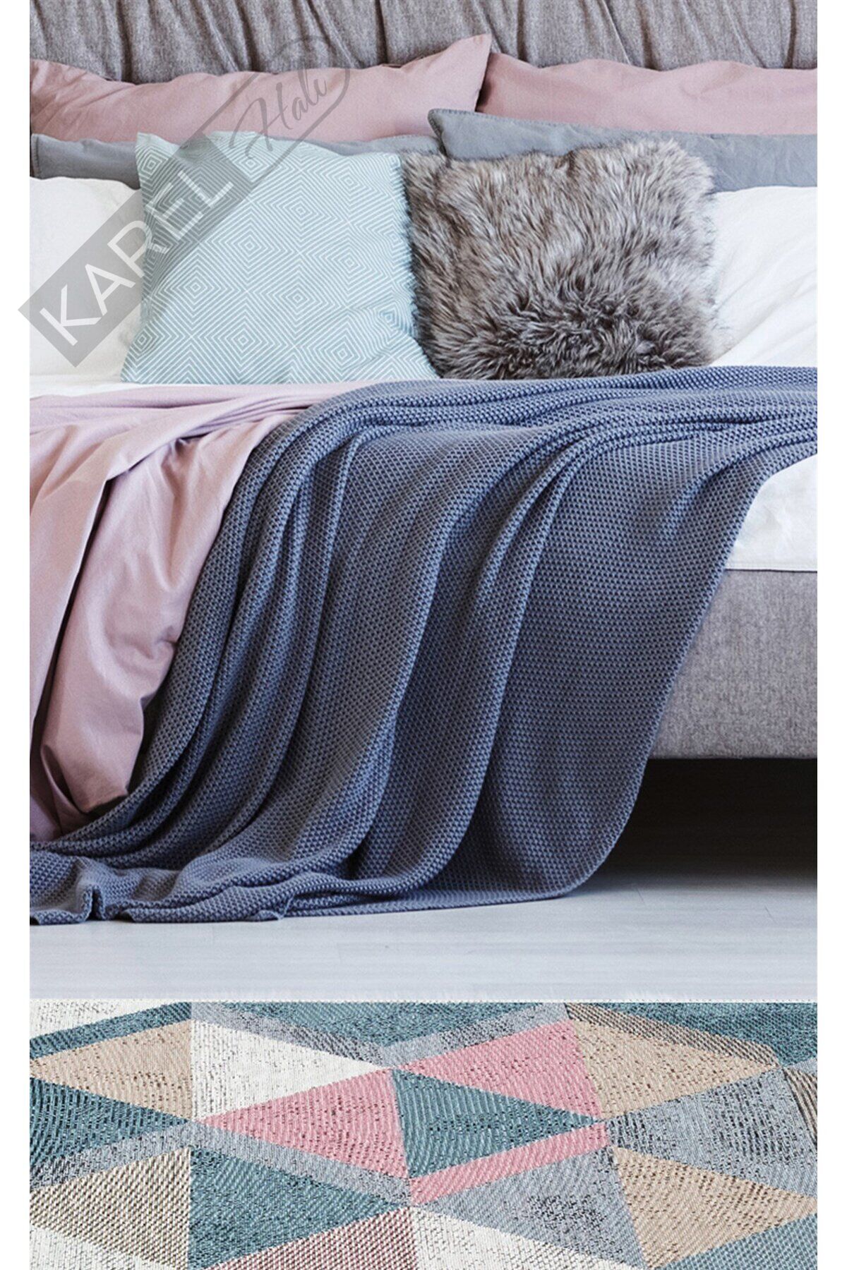 ARYA AR 10 BLUE PINK Yıkanabilir Çift Taraflı Modern Desenli Dokuma Kilim